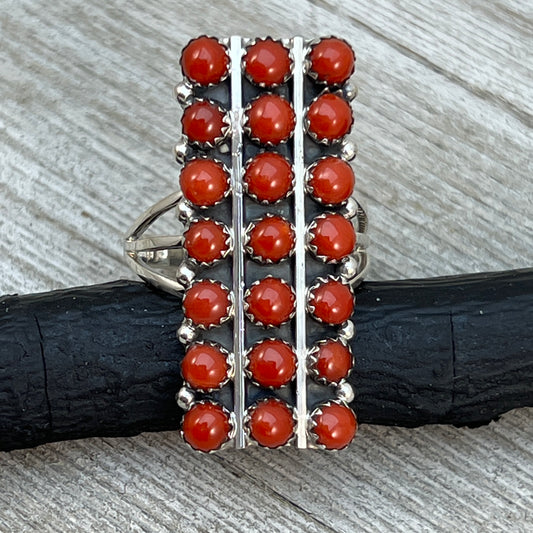 Size 10 Red Mediterranean Coral Zuni Snake Eye Dot Row Ring Kenny Lonjose Sterling Silver