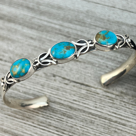 6 1/2" - 7" Kingman Turquoise narrow stacker cuff bracelet #8 Navajo handmade Thomas Yazzie, sterling silver artist signed