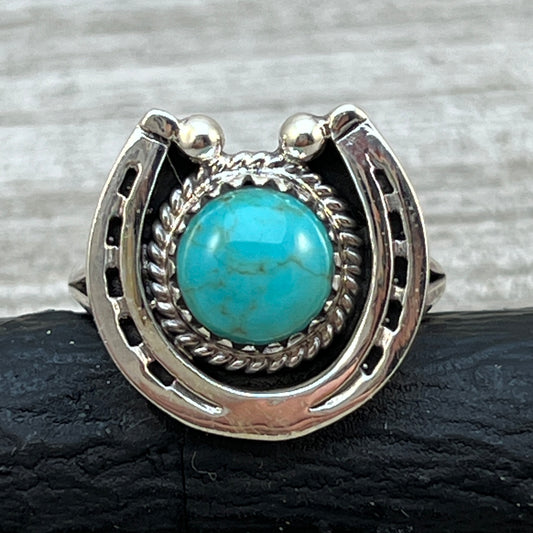 Size 8 Campitos Turquoise sterling silver horseshoe ring western equestrian jewelry Rodeo
