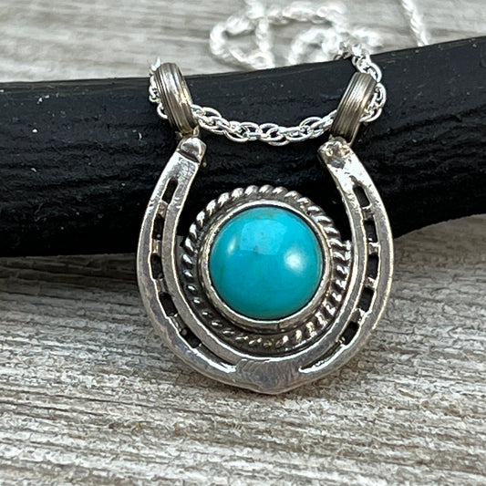18" Sterling Silver Turquoise Horseshoe Necklace Cowgirl Rodeo Jewelry Annette Chiquito