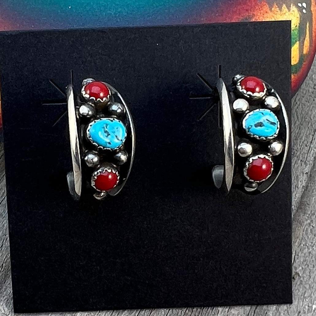 7/8" Turquoise Red Coral Hoop Earrings Navajo handmade by Paul Largo sterling silver 644
