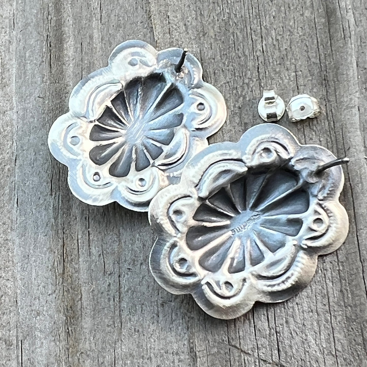 Turquoise stamped concho earrings sterling silver Lavina Benally Navajo 712