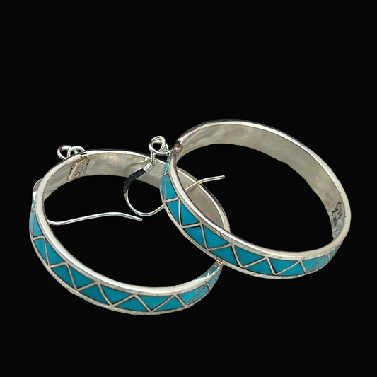 Zuni turquoise inlay hoop Turquoise sterling silver Claudine Haloo signed high quality