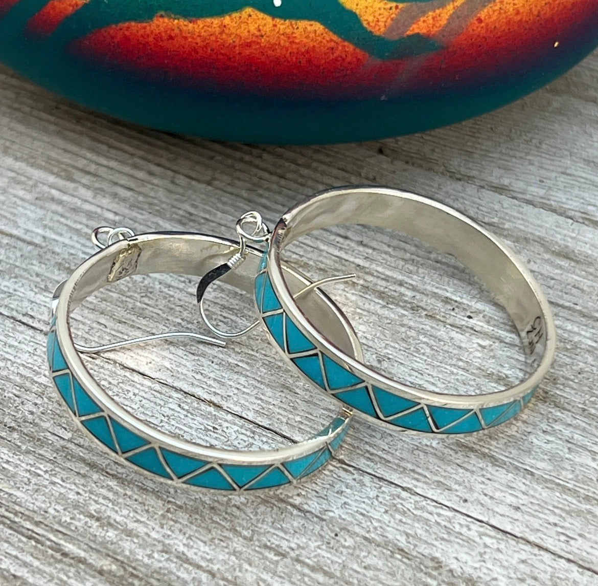 Modern Turquoise inlay Dangle hoop earrings Claudine Haloo Zuni Sterling silver ER43