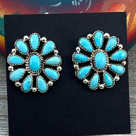 Blue Turquoise petit point cluster stud Earrings sterling silver Navajo Eunise Wilson