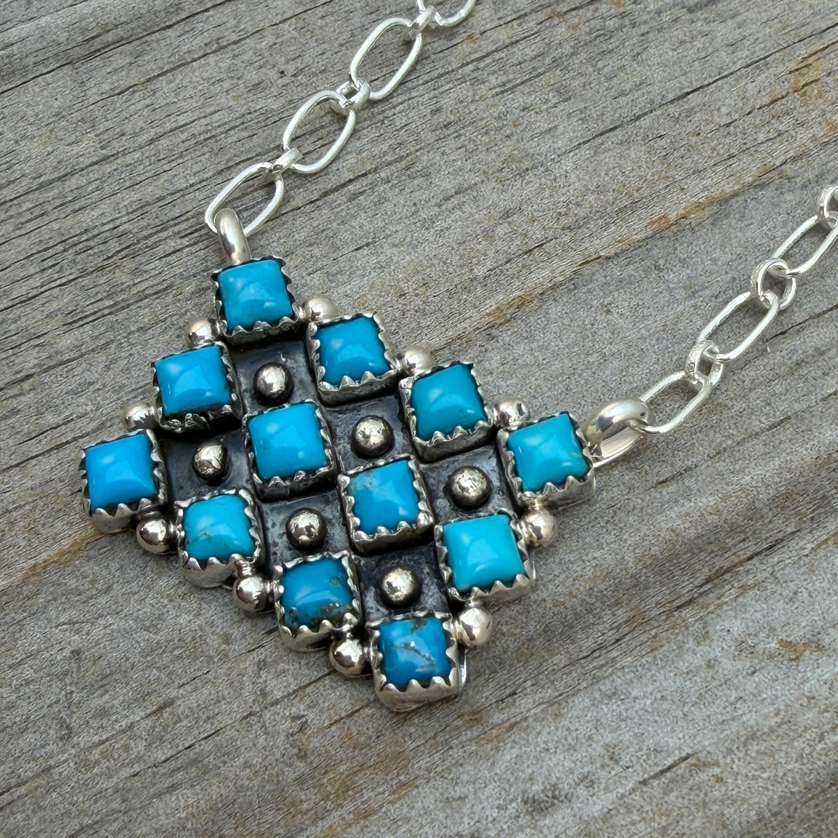 18 1/2" Turquoise Square Station Necklace Navajo Sterling Silver Verley Betone 2