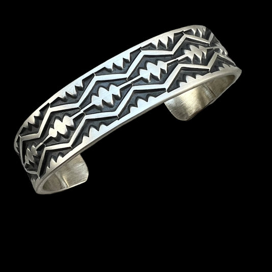 6 1/2" Heavy Stamped cuff bracelet 2, Navajo handmade Jerrold Tahe sterling silver stack