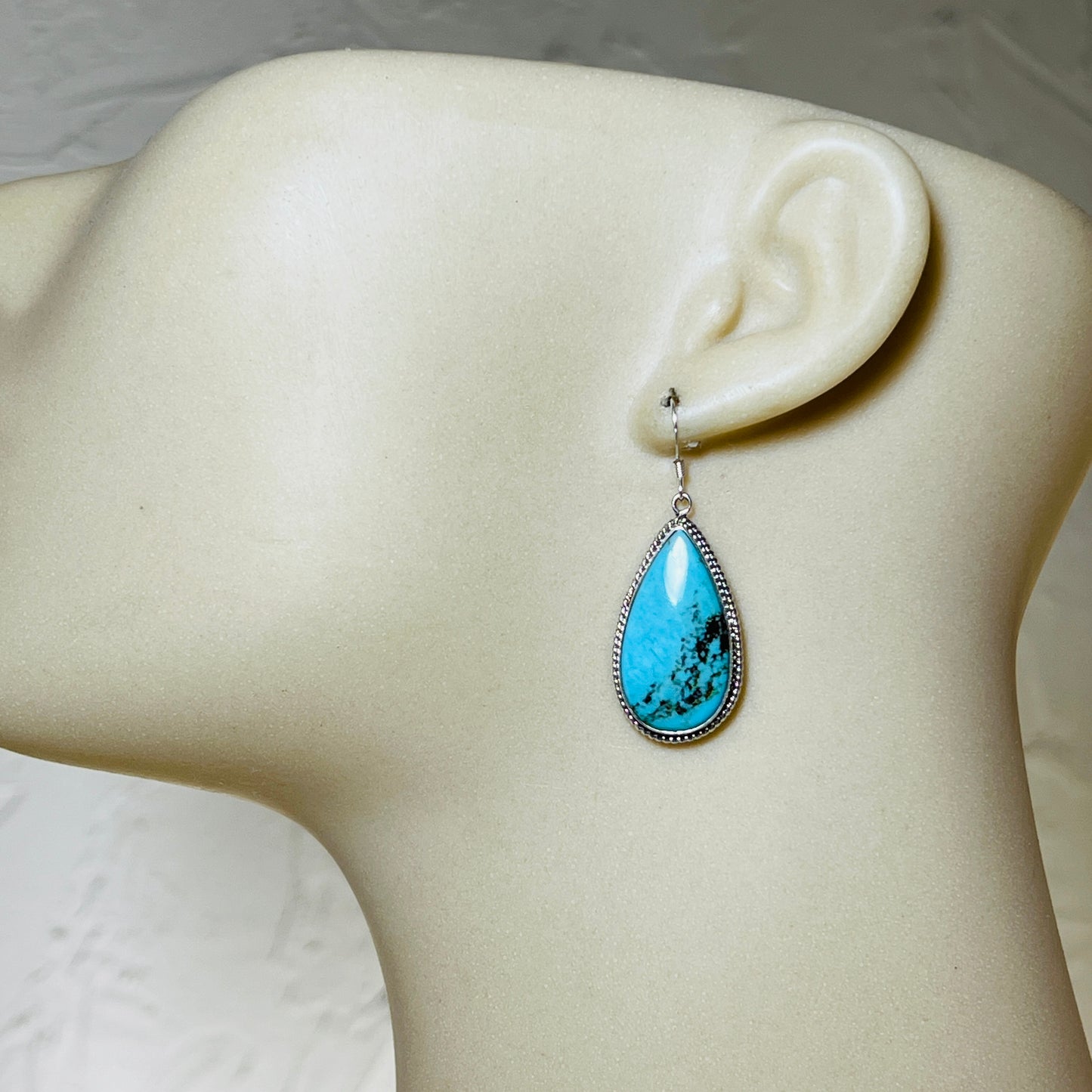 Blue turquoise teardrop earrings sterling silver Sharon McCarthy Navajo ER54