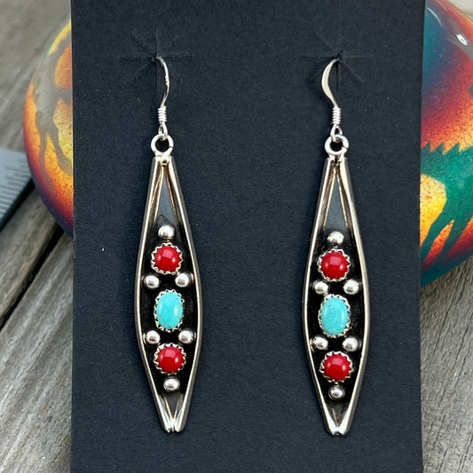 Long slender Turquoise Red Coral Earrings Navajo handmade by Paul Largo sterling silver 663