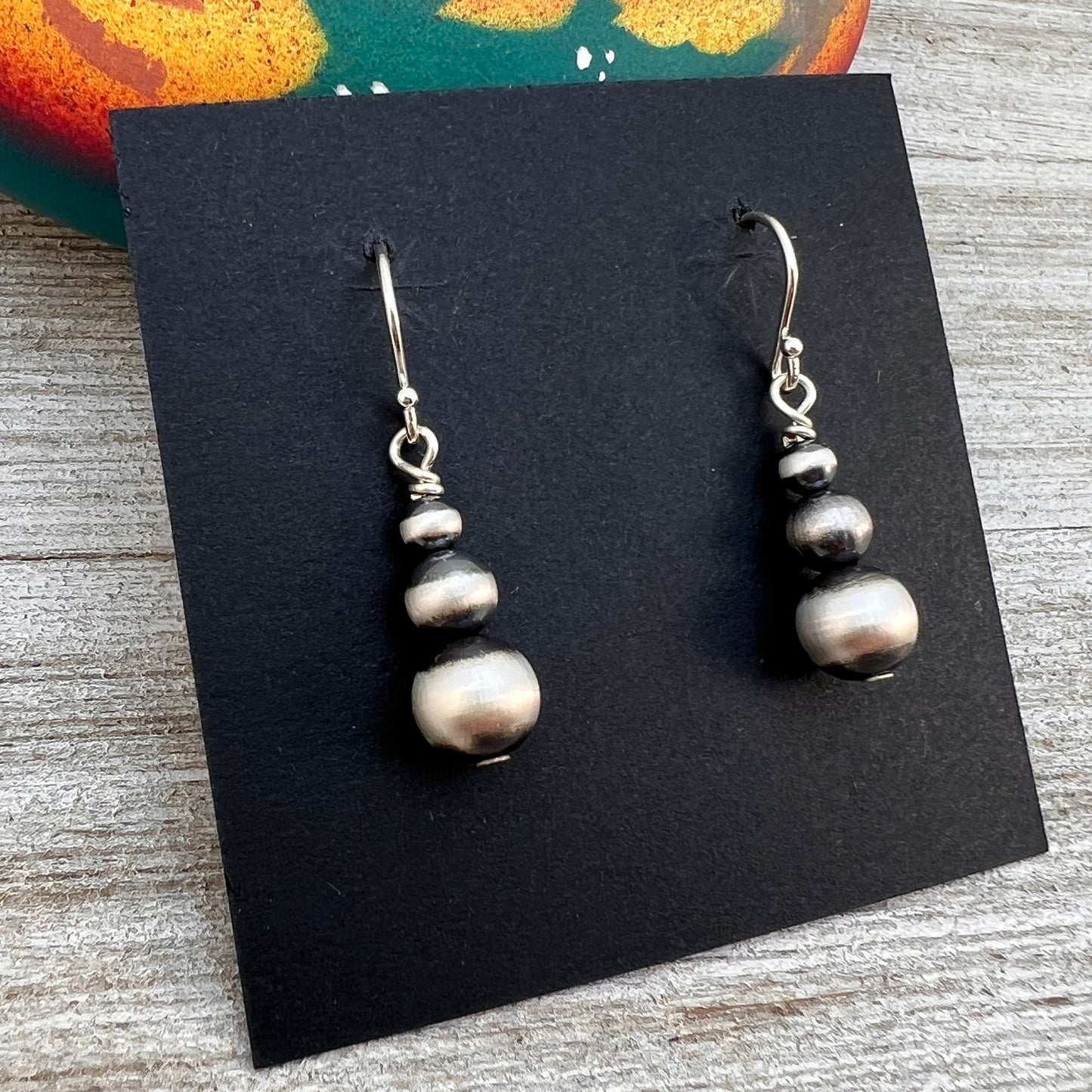 Graduated Sterling Silver Oxidized Pearl Earrings, Southwest Silver beads, 4mm 5mm 6mm