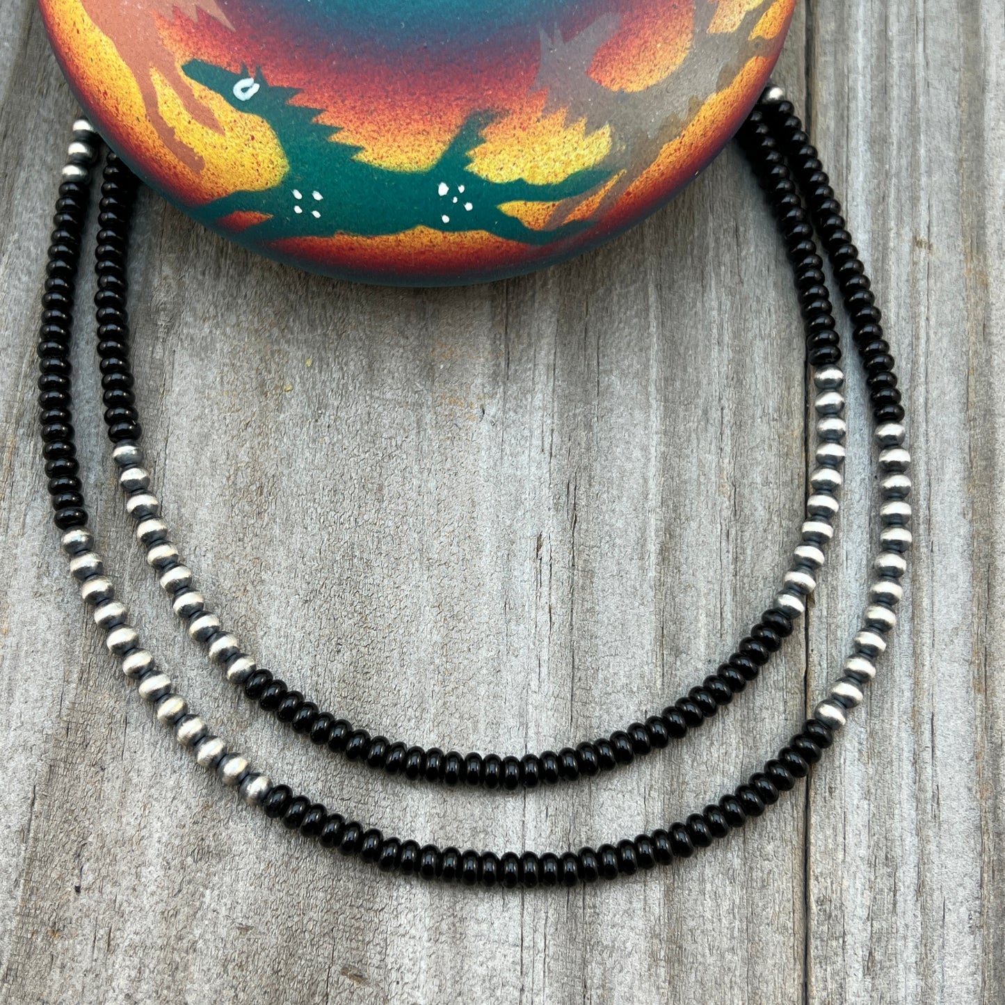 Real 925 sterling silver 4mm Black Onyx Necklace Oxidized Pearl BOHO Western Jewelry