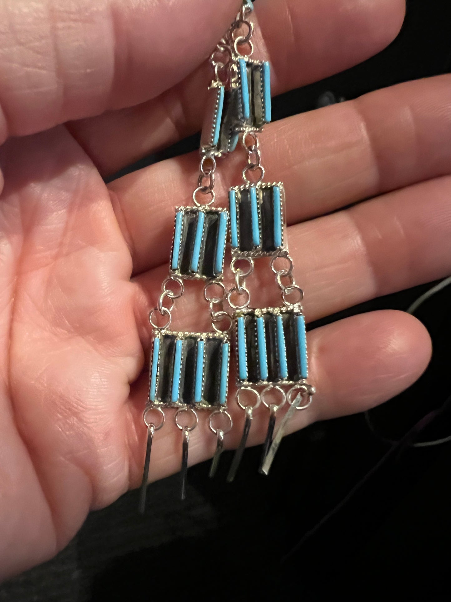 Zuni Needlepoint Turquoise Chandelier long Earrings, Sterling Silver, Ashley Laate