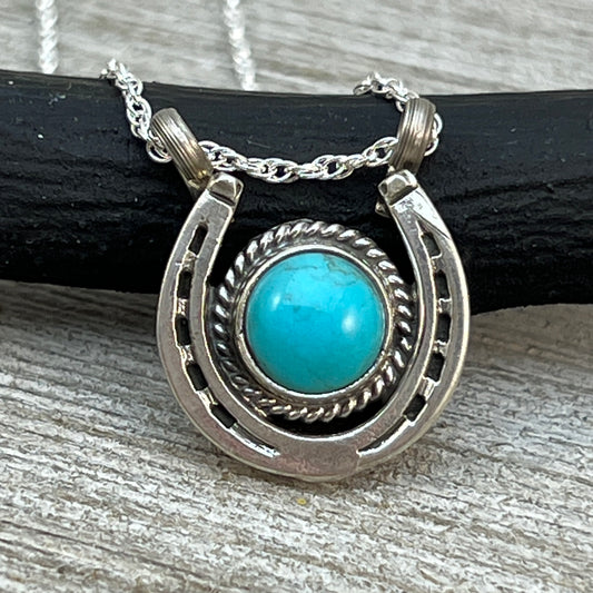 18" Sterling Silver Turquoise Horseshoe Necklace Cowgirl Rodeo Jewelry Annette Chiquito