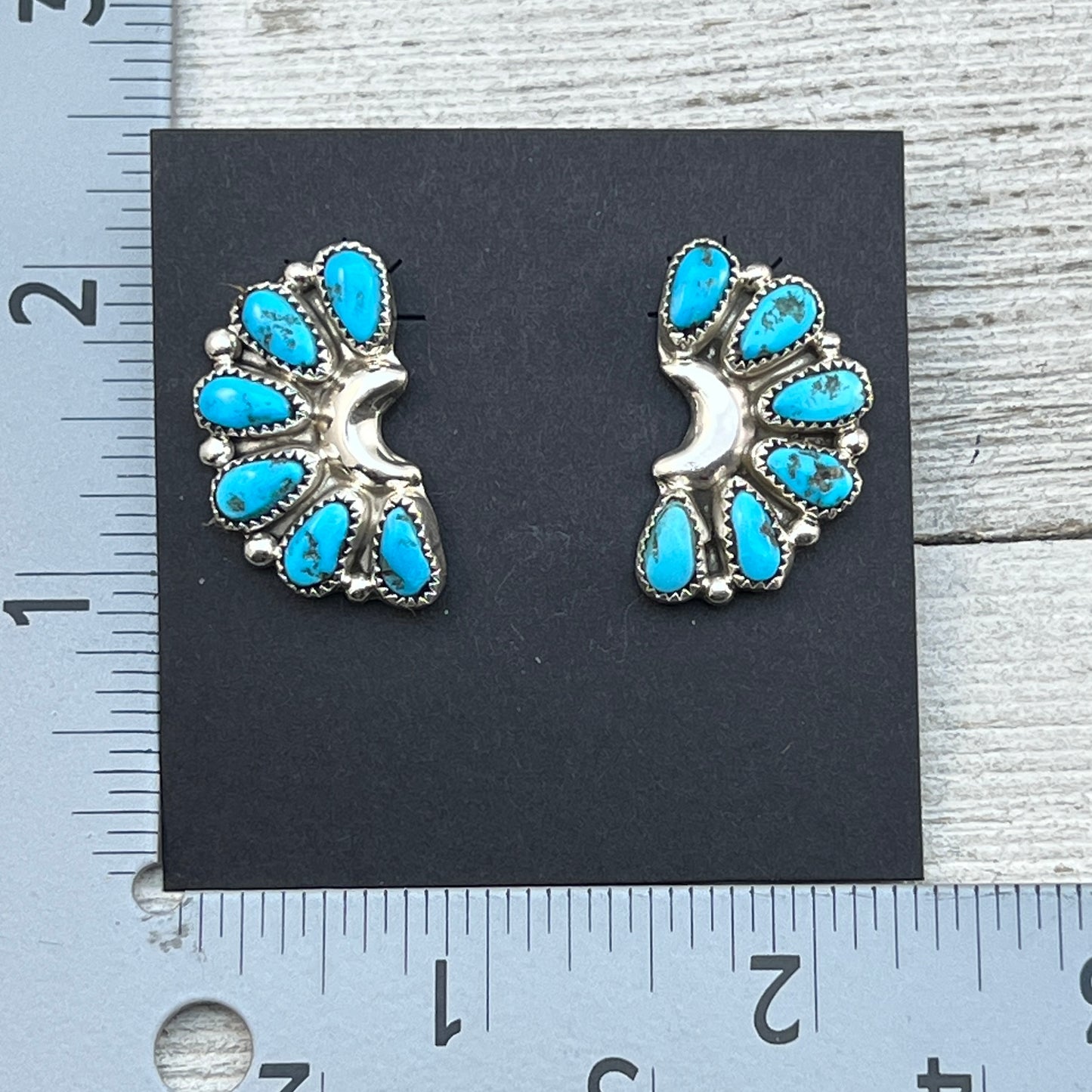 Blue Turquoise half cluster stud Earrings sterling silver Navajo handmade Justina Wilson
