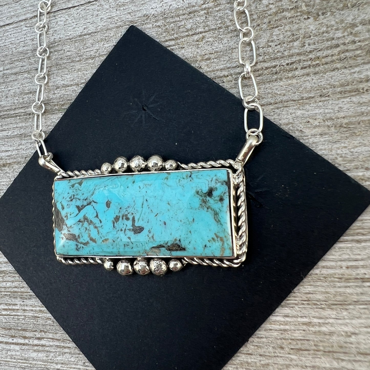 22" Light Blue Kingman turquoise rectangle bar necklace, #2 Navajo handmade Gilbert Smith, sterling silver