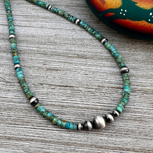 4mm Kingman Turquoise Heishi Necklace with Sterling silver Oxidized Pearls, Southwest Western Jewelry