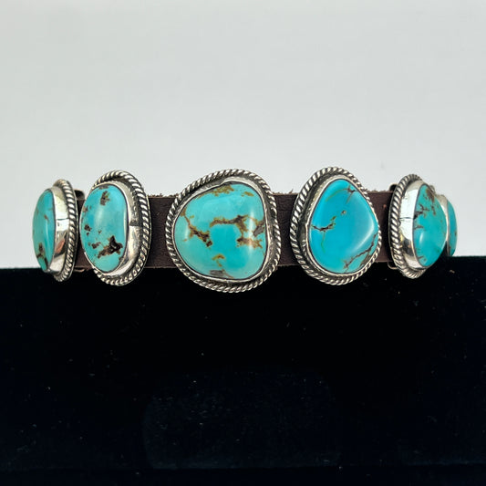 Campitos Turquoise leather Sterling silver bracelet #1, adjustable Navajo signed