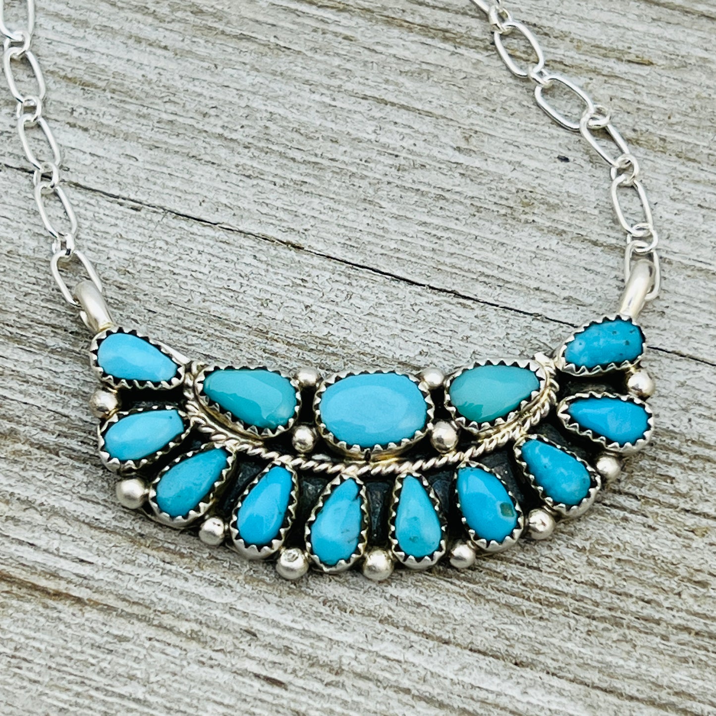 18" Turquoise Petit Point Cluster necklace Eunice Wilson Sterling silver