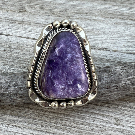 Size 9 Charoite sterling silver handmade ring #5, Navajo Samuel Yellowhair