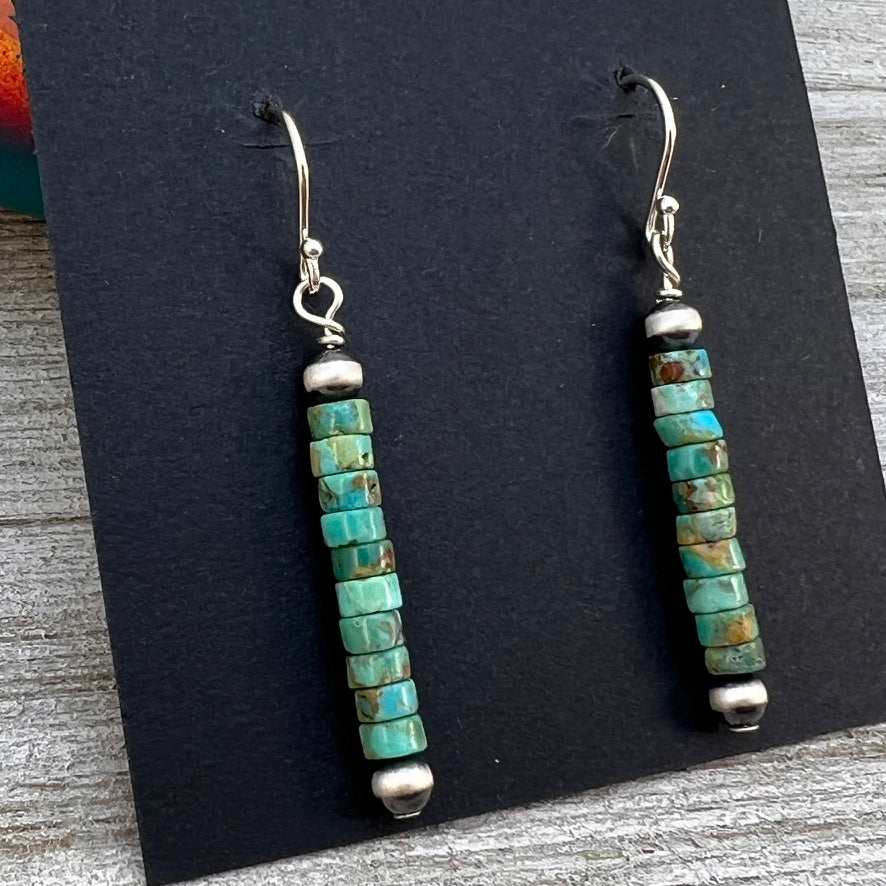 Turquoise Heishi Sterling Silver Oxidized Pearl Earrings, Southwest Silver beads, Simple Style