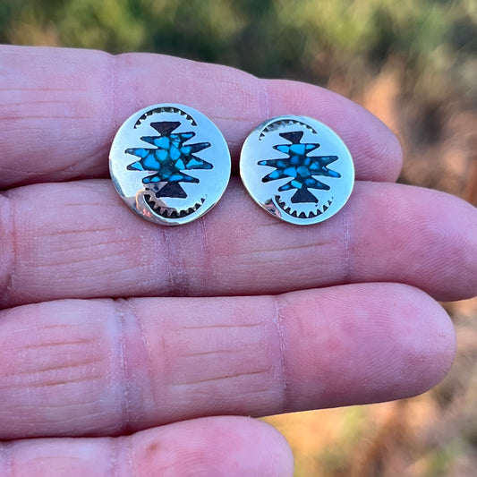 Turquoise Chip inlay Southwest small concho earrings Sterling silver Sally Shurley
