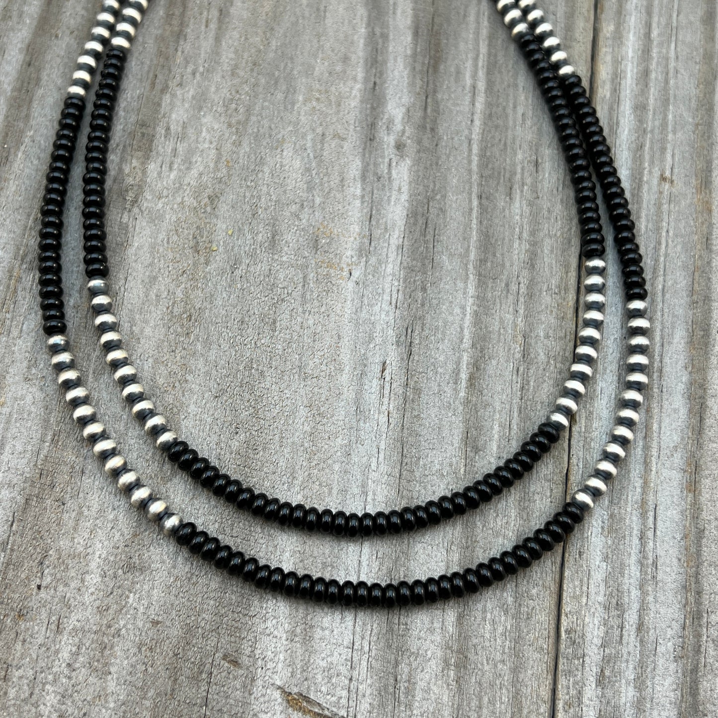 Real 925 sterling silver 4mm Black Onyx Necklace Oxidized Pearl BOHO Western Jewelry