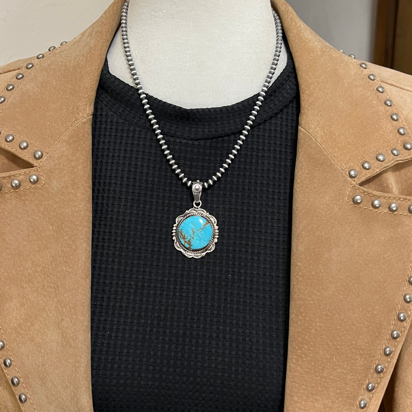Kingman Turquoise Pendant Sterling silver Navajo handmade Jeremy Delgarito 552