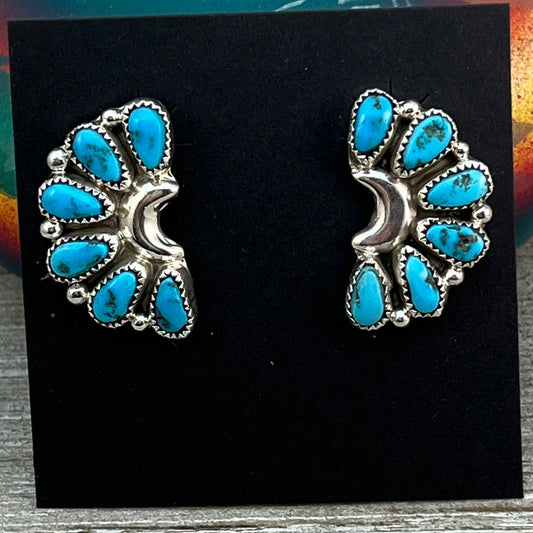Blue Turquoise half cluster stud Earrings sterling silver Navajo handmade Justina Wilson