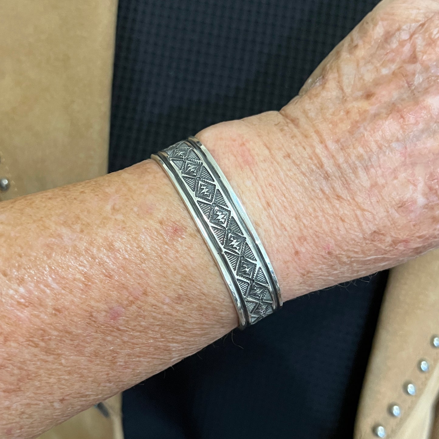 6.5" Sterling silver hand stamped Cuff Bracelet Navajo Leonard Maloney signed boho