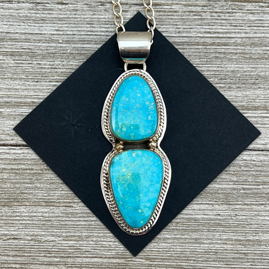 Blue Kingman Turquoise Pendant, Sterling silver, 18” chain necklace, Native American handmade Lyle Piaso,