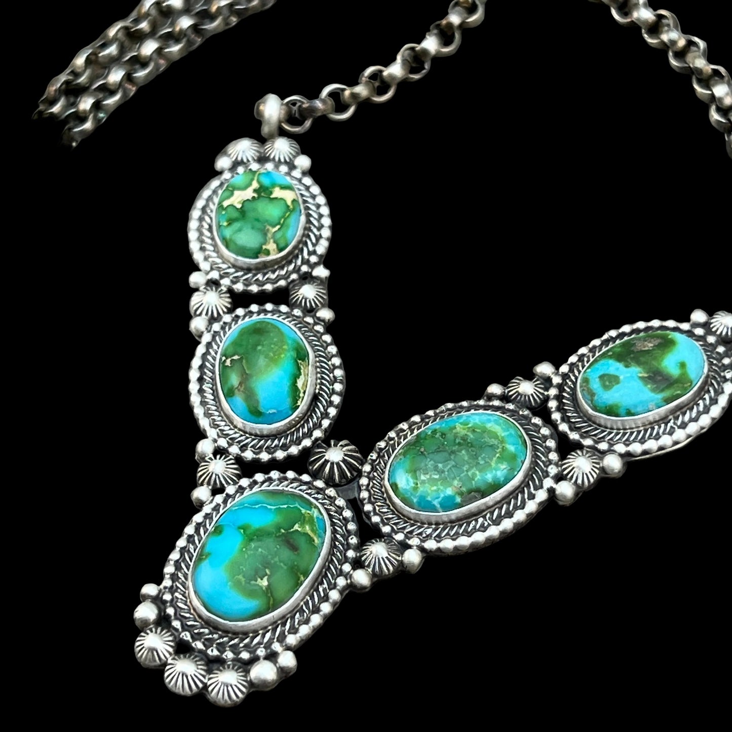 18" Polychrome Sonoran Turquoise Heavy Necklace Sterling Silver Tom Lewis Navajo 840