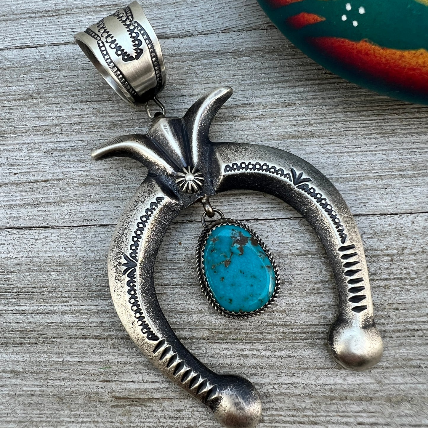 Large Tufa cast sterling silver turquoise naja pendant 2 Martha Cayatineto, Navajo signed