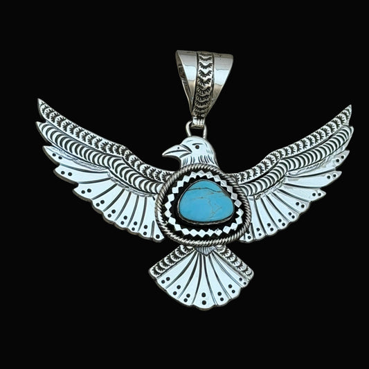 Turquoise Thunderbird Pendant sterling silver Jeremy Delgarito Navajo PD11 hand stamped