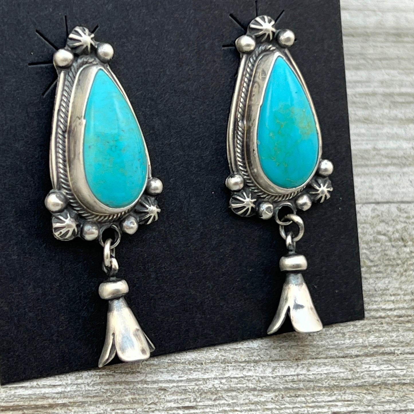 Sonoran Turquoise Navajo Squash Blossom Earrings Bobby Johnson signed Sterling silver ER4