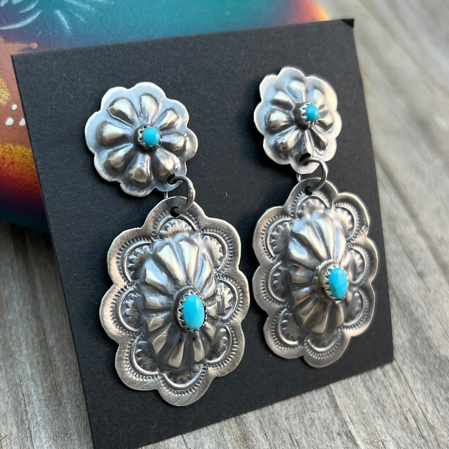 Turquoise stamped concho dangle earrings sterling silver Lavina Benally Navajo 715