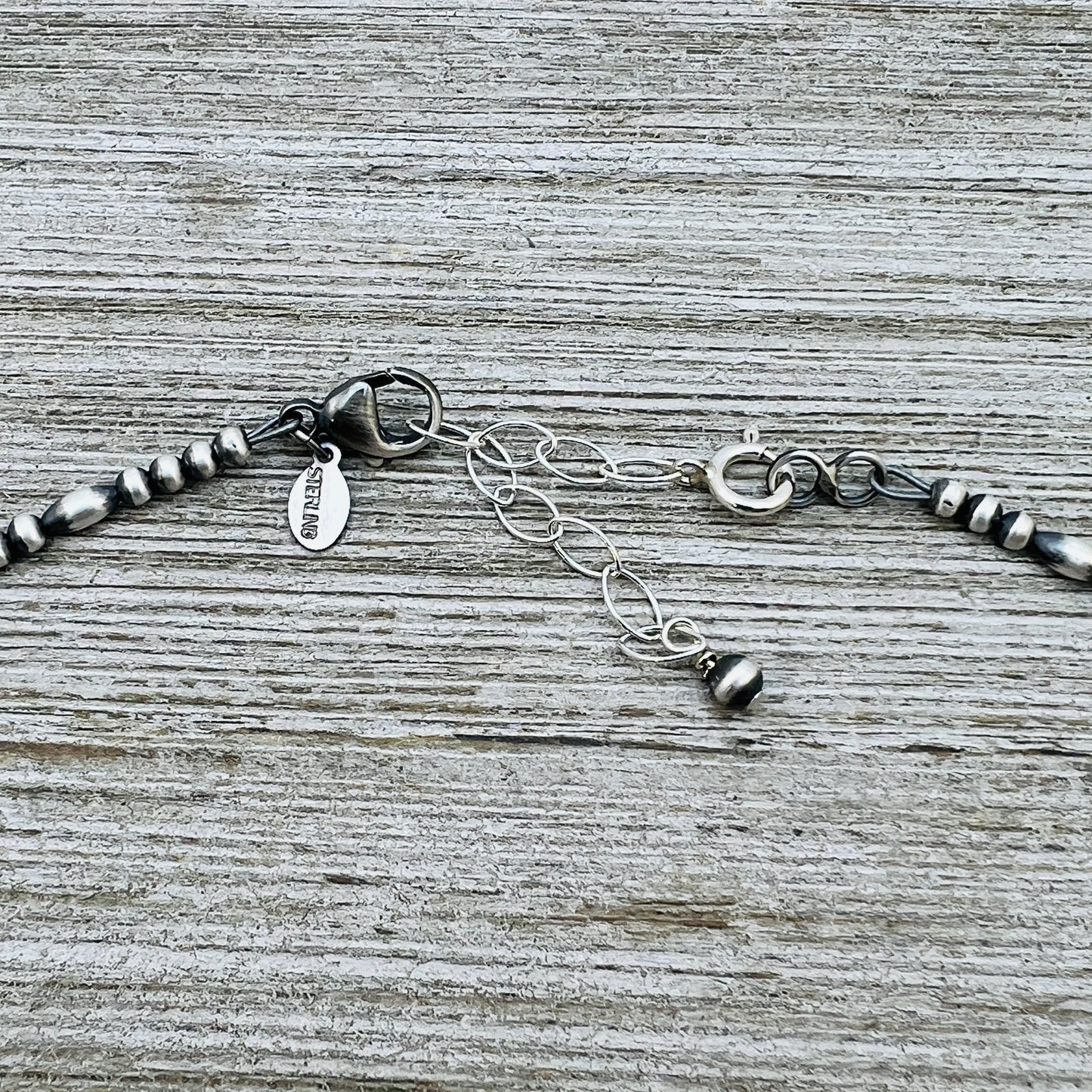 14" plus 2" extension adjustable choker, Real Sterling Silver, oxidized, Bead Necklace, Western Boho Pearl