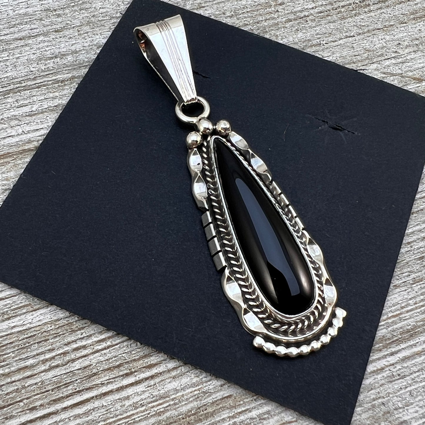 Black Onyx Skinny teardrop Pendant , Sterling silver, Navajo handmade Samuel Yellowhair