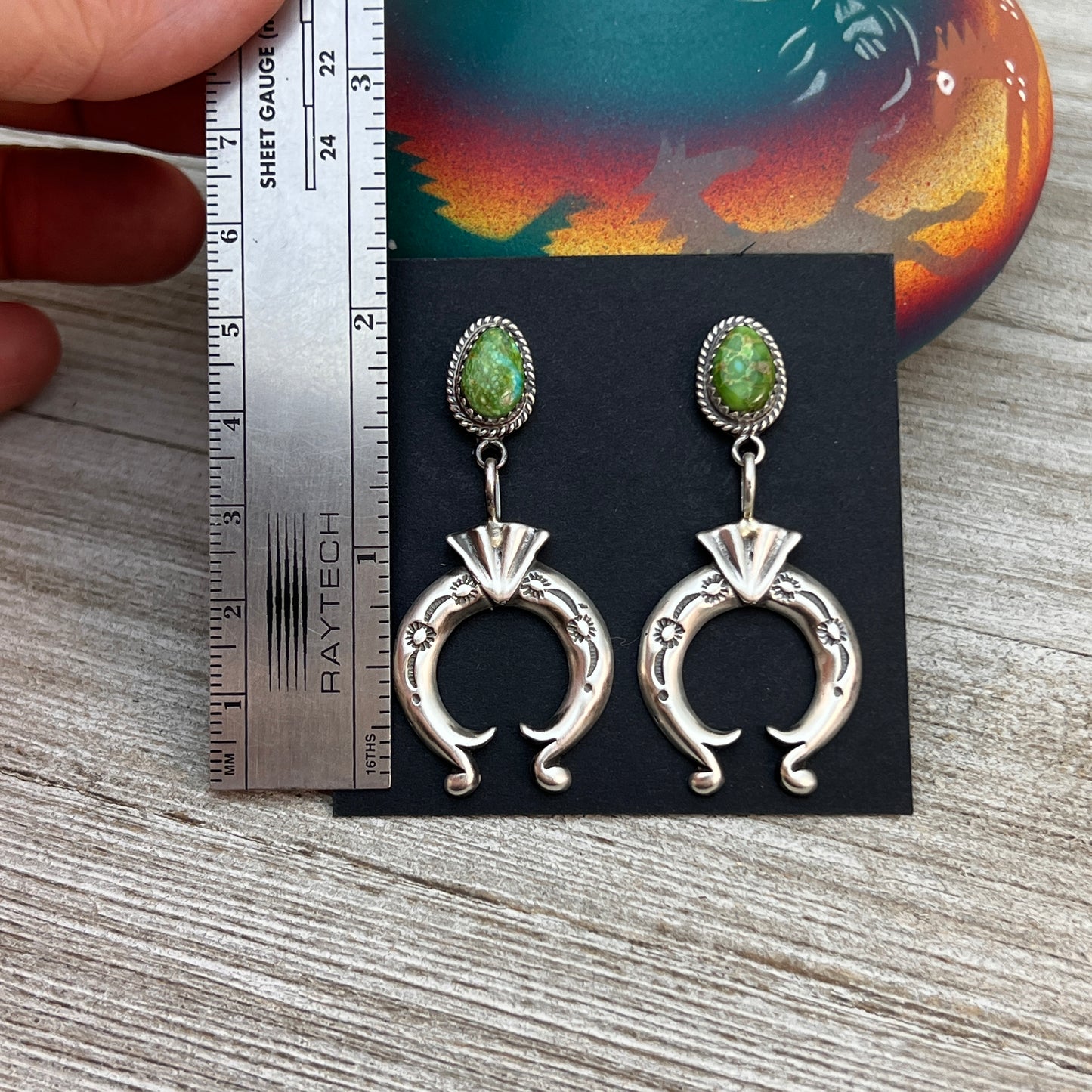 Green Sonoran Turquoise Naja Earrings 3, Navajo Paige Gordon Sterling Silver