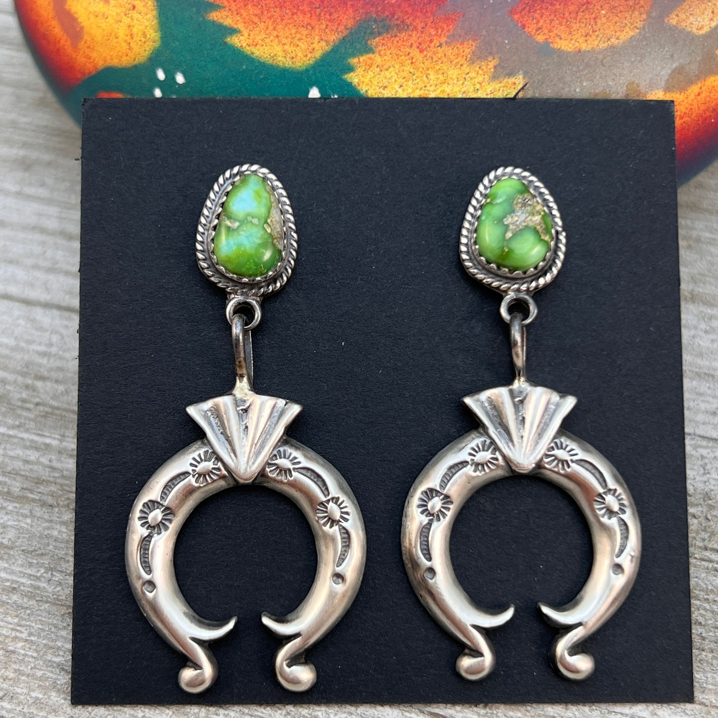 Green Sonoran Turquoise Naja Earrings 8, Navajo Paige Gordon Sterling Silver