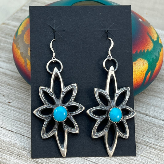 Large modern tufa cast flower earrings, sterling silver turquoise Navajo Eva & Linberg Billah