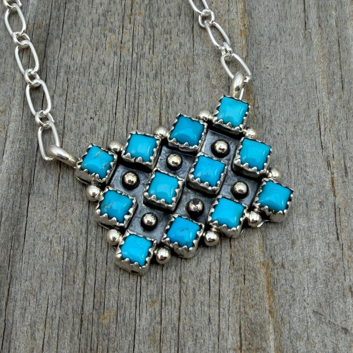 18 1/2" Turquoise Square Station Necklace Navajo Sterling Silver Verley Betone 1