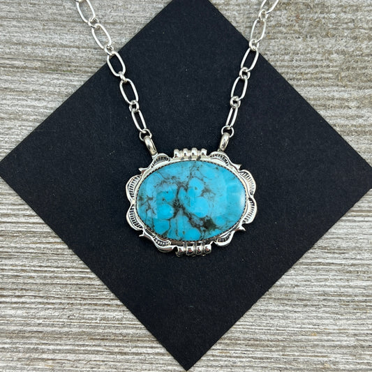 Oval Turquoise 21" necklace Navajo handmade Leroy Silversmith, sterling silver artist signed
