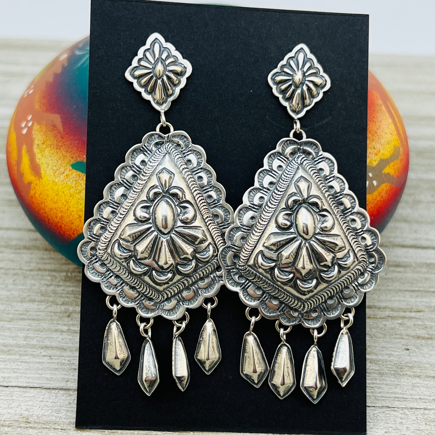 Large Stamped Concho earrings sterling silver Terry Charlie Navajo handmade ER29