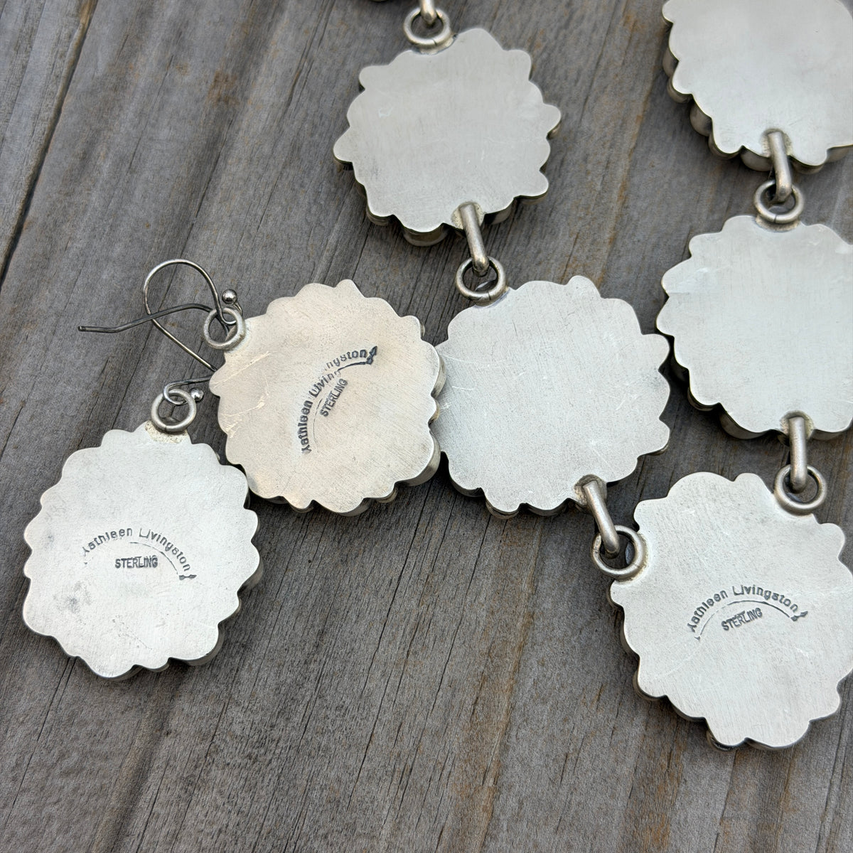 Golden Hills Cluster necklace earrings set Sterling silver Kathleen Livingston Navajo