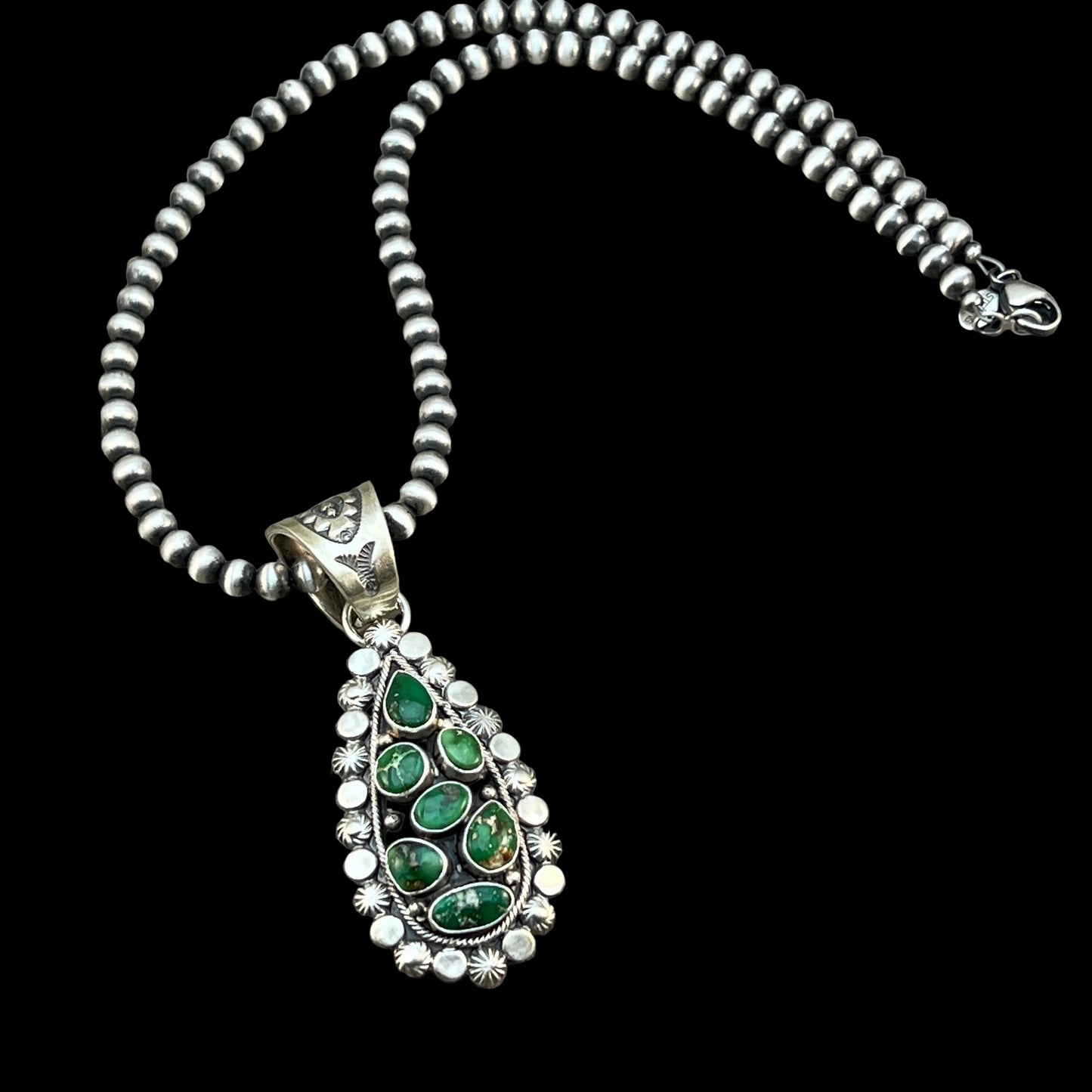 17" bead Necklace Green Sonoran Turquoise Adrienne Gordon Navajo sterling silver