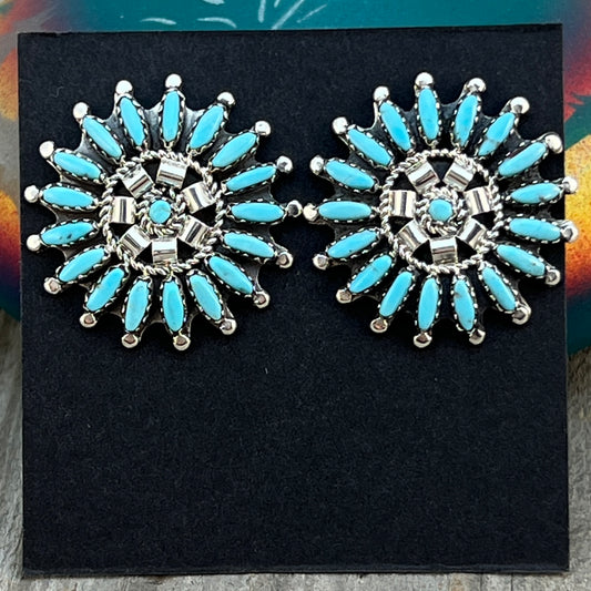 Sterling silver Needlepoint turquoise cluster round earrings signed Nathaniel Nez 683