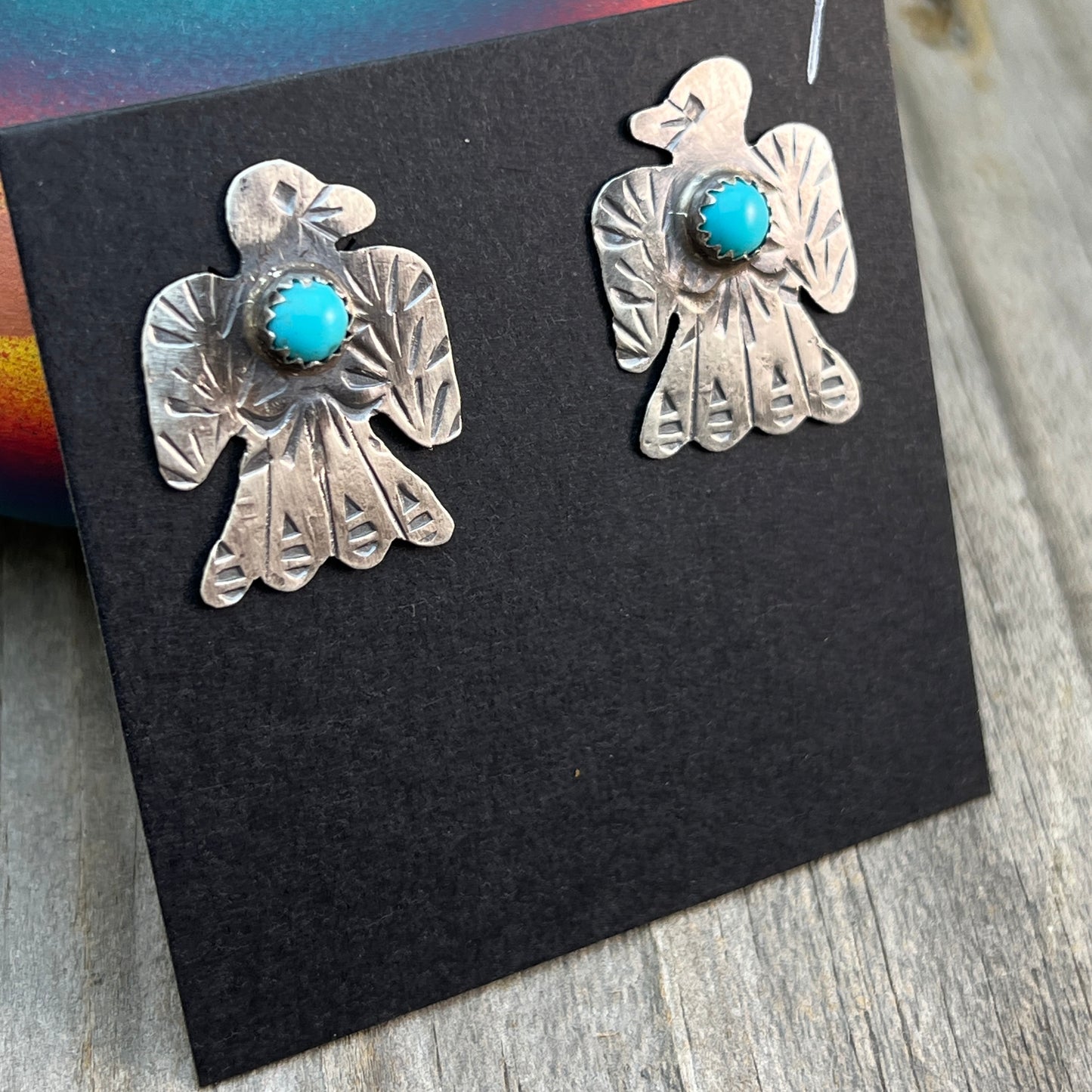 Turquoise thunderbird stud earrings oxidized Sterling silver Navajo Tim Yazzie 707