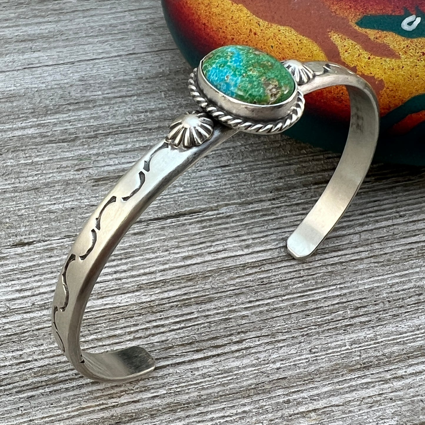 6 1/2" Green Sonoran Turquoise stacker Cuff bracelet 1, Sterling Silver Samuel Yellowhair BOHO