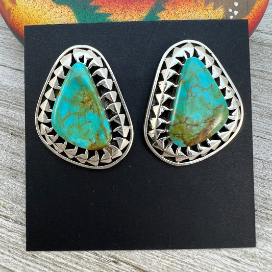 Blue Kingman Turquoise Stud earrings #2, sterling siver navajo handmade Sharon McCarthy