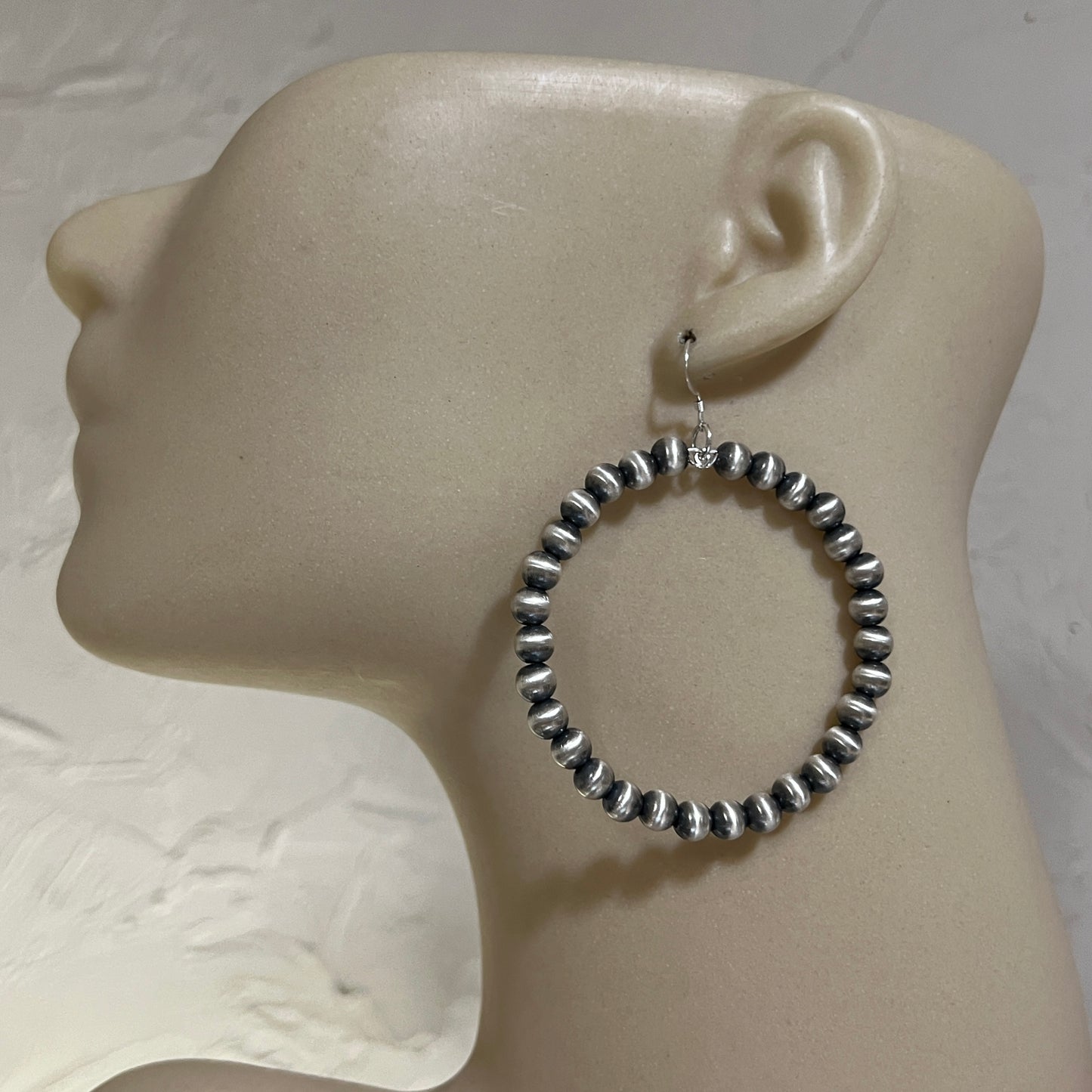 4mm round 6mm sterling silver oxidized bead large hoop earrings, 2 1/4"